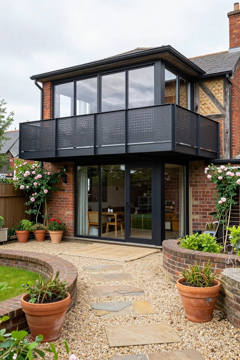 Rear view of a brick house with a modern upper-level black metal and glass extension including a balcony, sliding glass doors to a dining area, curved brick garden wall, stone path, and potted plants.