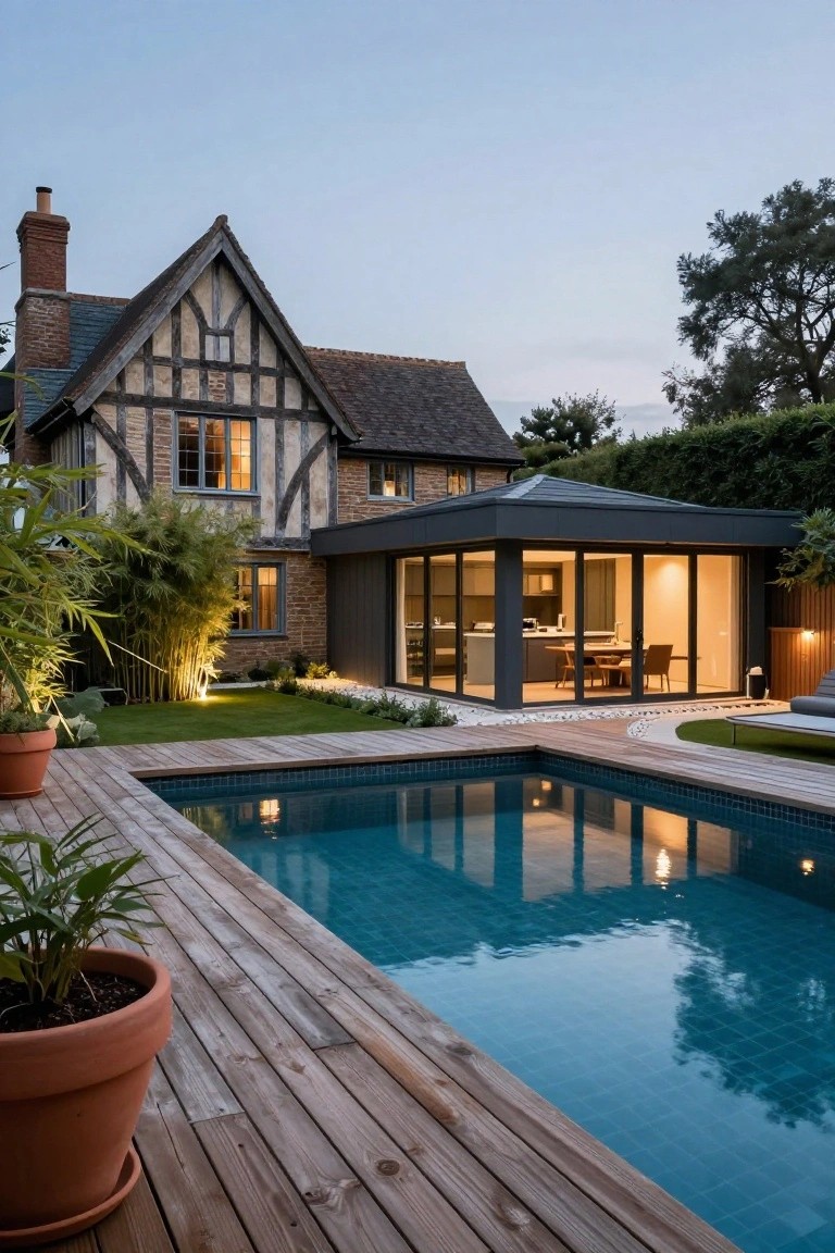 Exterior of a half-timbered brick Mock Tudor house with a attached modern dark-framed glass extension containing a kitchen, overlooking a lighted rectangular swimming pool on a wooden deck, with bamboo plants and lawn at dusk.