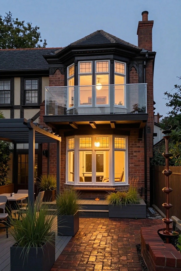 Rear exterior of a two-story Mock Tudor house at dusk with dark timber accents on red brick walls, a glass-railed balcony above a bay window, white-framed windows, a pergola-covered patio with furniture and potted grasses on brick pavers, and copper garden ornaments.