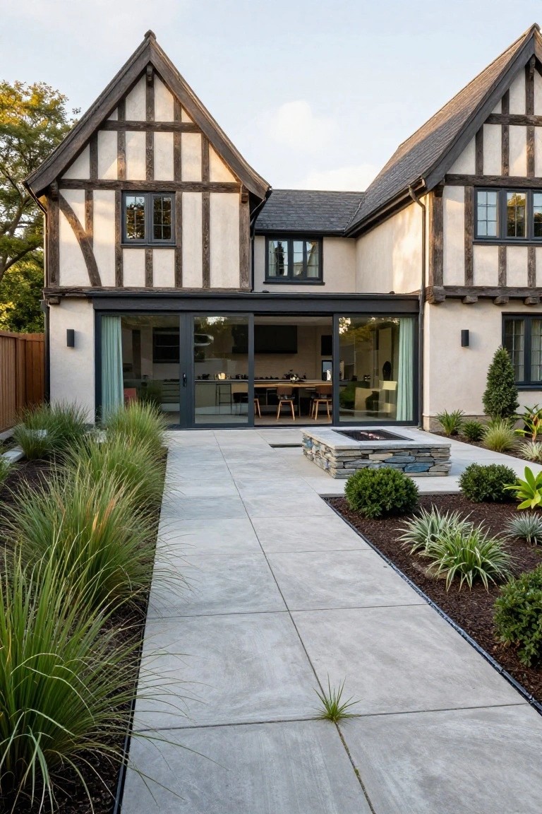 Rear view of a two-story Mock Tudor house with white stucco and dark timber framing, featuring large black-framed sliding glass doors opening to an interior kitchen, adjacent to a light gray paver patio with a rectangular stone fire pit and ornamental grasses and shrubs along the edges.
