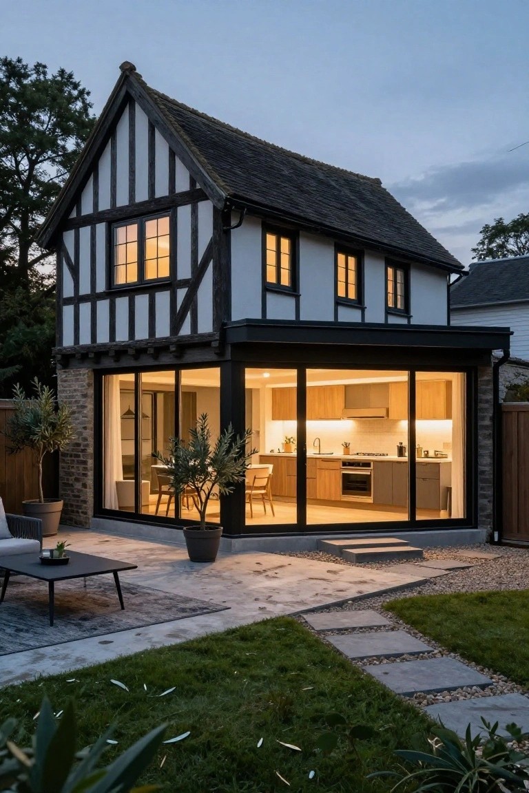 Evening photo of a two-story Mock Tudor house with black timber framing on white walls, attached modern brick and glass kitchen extension with sliding doors open to a stone patio, outdoor sofa, table, potted plants, gravel paths, and lawn.