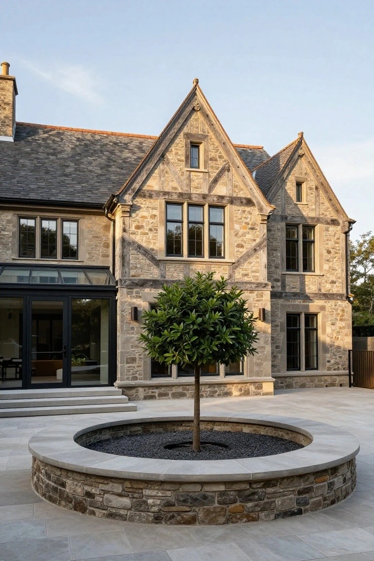 Rear exterior of a two-story stone house in Mock Tudor style with timber framing, slate roof, and a modern black-framed glass extension leading to a paved terrace with a circular stone planter holding a small evergreen tree and black pebble fire pit base.