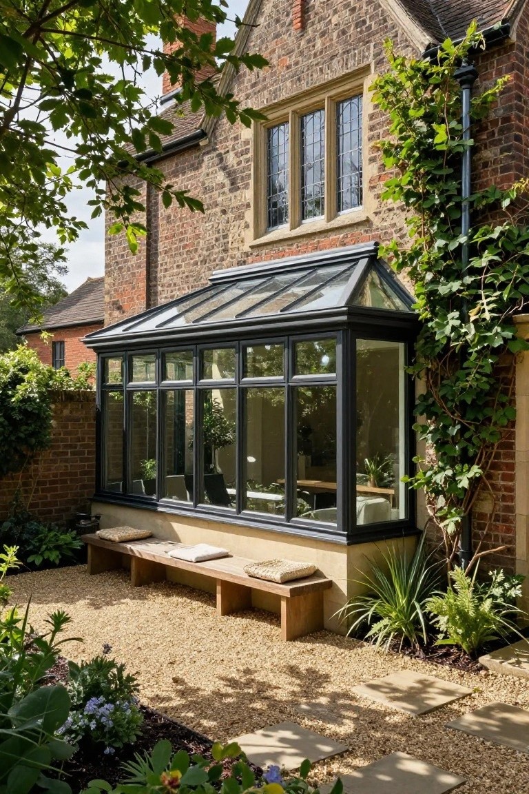 Side exterior of a brick house featuring a black-framed glass orangery extension with multiple panes, surrounded by ivy, plants, gravel ground, and a wooden bench.