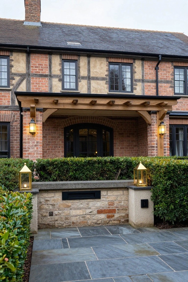 Front exterior of a brick and timber-framed Mock Tudor house with an oak porch canopy over the arched entry door, flanked by lanterns and boxwood hedges on a slate stone pathway.