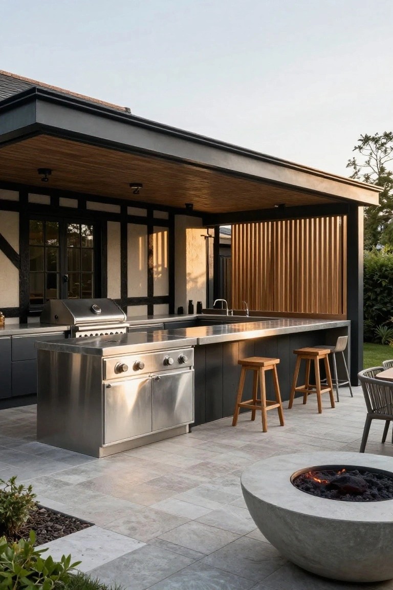 Stainless steel outdoor kitchen island with grill, cooktop, and sink under a timber-roofed pavilion with black framing, bar stools, fire pit, and patio next to a Mock Tudor style house.