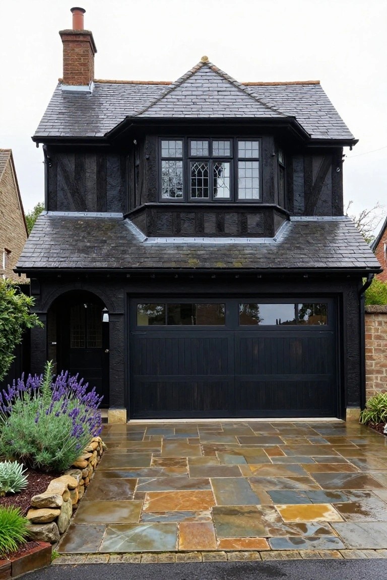 Black-painted two-story Mock Tudor house with dark timber framing, slate roof, arched front door, double garage doors, stone-paved driveway, lavender plants, and stone wall edging.