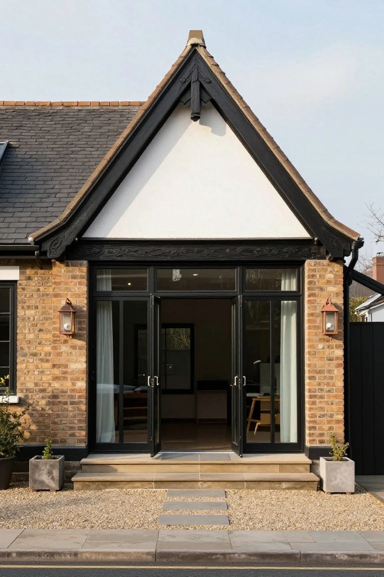 Front exterior of a Mock Tudor style house with black timber framing on white gable end, red brick walls, large open black-framed glass bi-fold doors, copper lanterns, potted plants in concrete pots, gravel yard, and stone steps to the street.