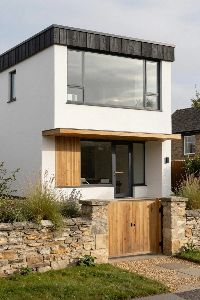 A compact two-story white-rendered house with a flat dark timber-clad roof, large upper-level glass window, projecting oak timber canopy over a black front door, and a stone wall entrance gate with wooden doors surrounded by grasses.