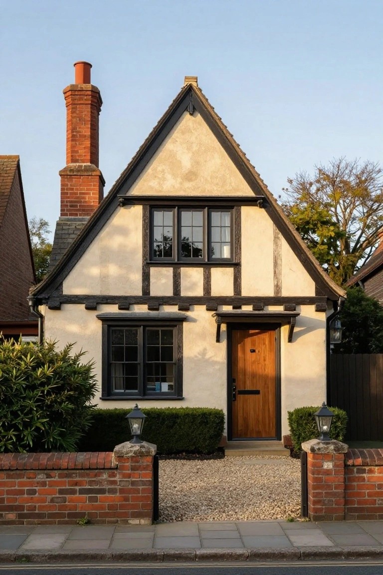 A compact two-story Mock Tudor house exterior with black half-timber framing on cream stucco walls, gabled roof, tall brick chimney, dark-framed multipane windows, dark wooden front door under a small overhang, brick boundary wall with lanterns, gravel path, boxwood shrubs, and adjacent houses.