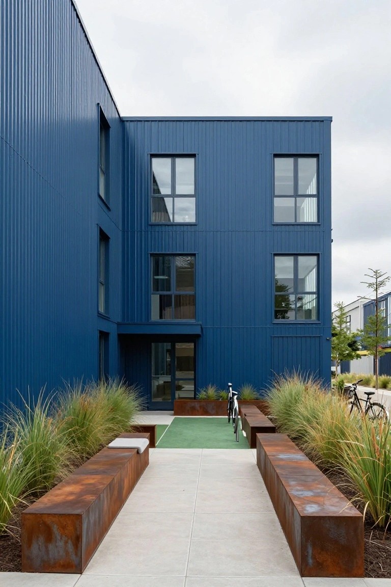 Blue corrugated metal clad building exterior with vertical siding, multiple large windows, glass entry door, flanked by tall ornamental grasses, corten steel benches, bicycles, and a small green turf area on a concrete path.