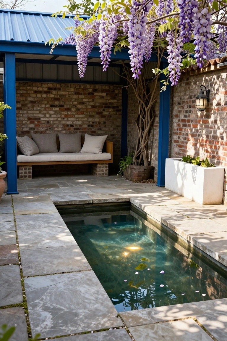 Blue metal-roofed pergola sheltering a cushioned bench beside a small rectangular pool with water lilies, brick walls, potted plants, and wisteria vines in an outdoor courtyard.