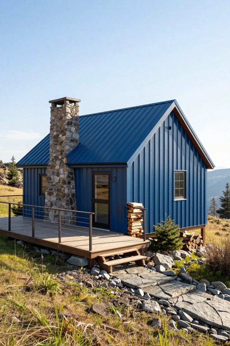 Small blue corrugated metal cabin with stone chimney, wooden deck, firewood stack, and stone path, surrounded by grassy hillside and mountains under blue sky.
