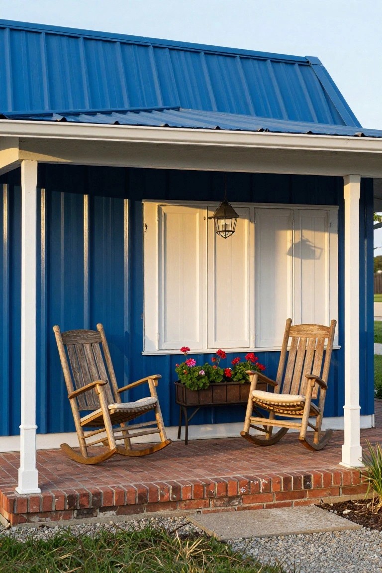 Blue metal-sided building with covered porch holding two wooden rocking chairs flanking potted red geraniums, a shuttered window, hanging lantern, and brick steps.