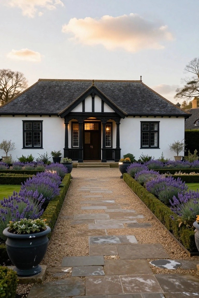 White stucco house with black half-timber framing, black front door under a covered porch, surrounded by boxwood hedges and purple lavender flower beds along a stone pathway.
