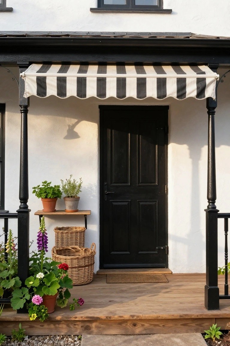 White house exterior featuring a black front door, black porch posts supporting a striped awning, wooden porch deck, potted plants, and wicker baskets.