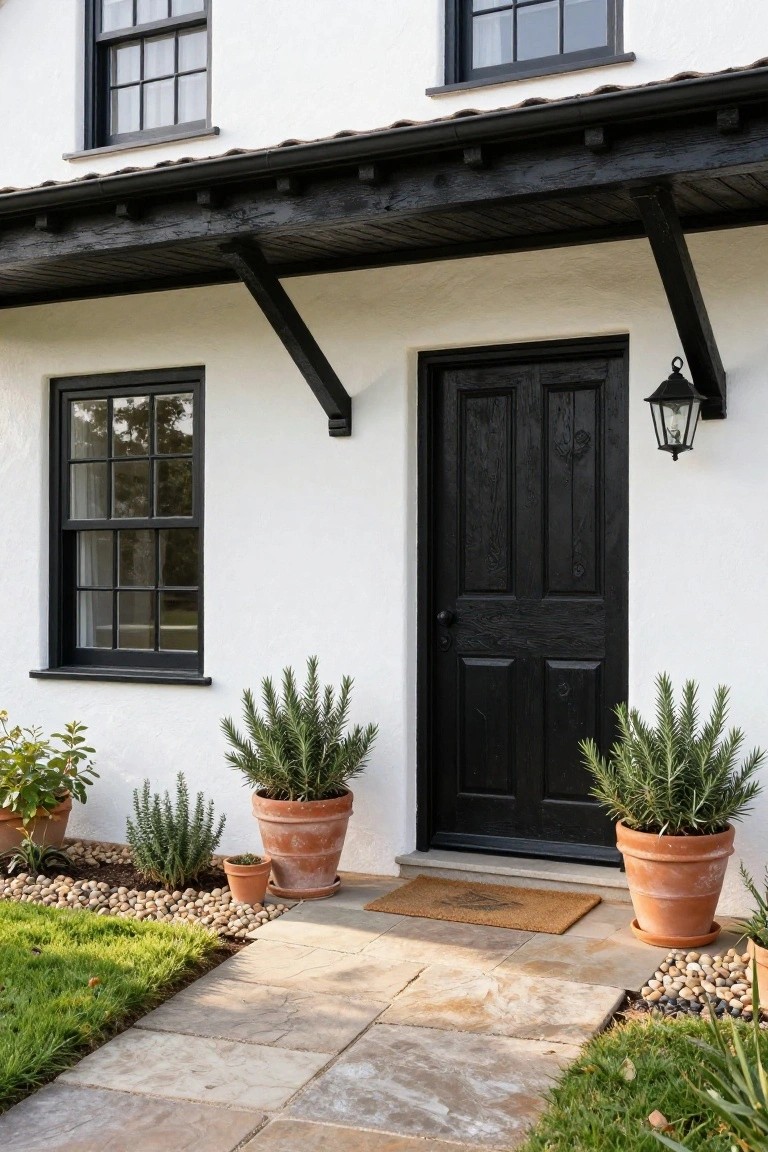 Black Door on Crisp White Walls