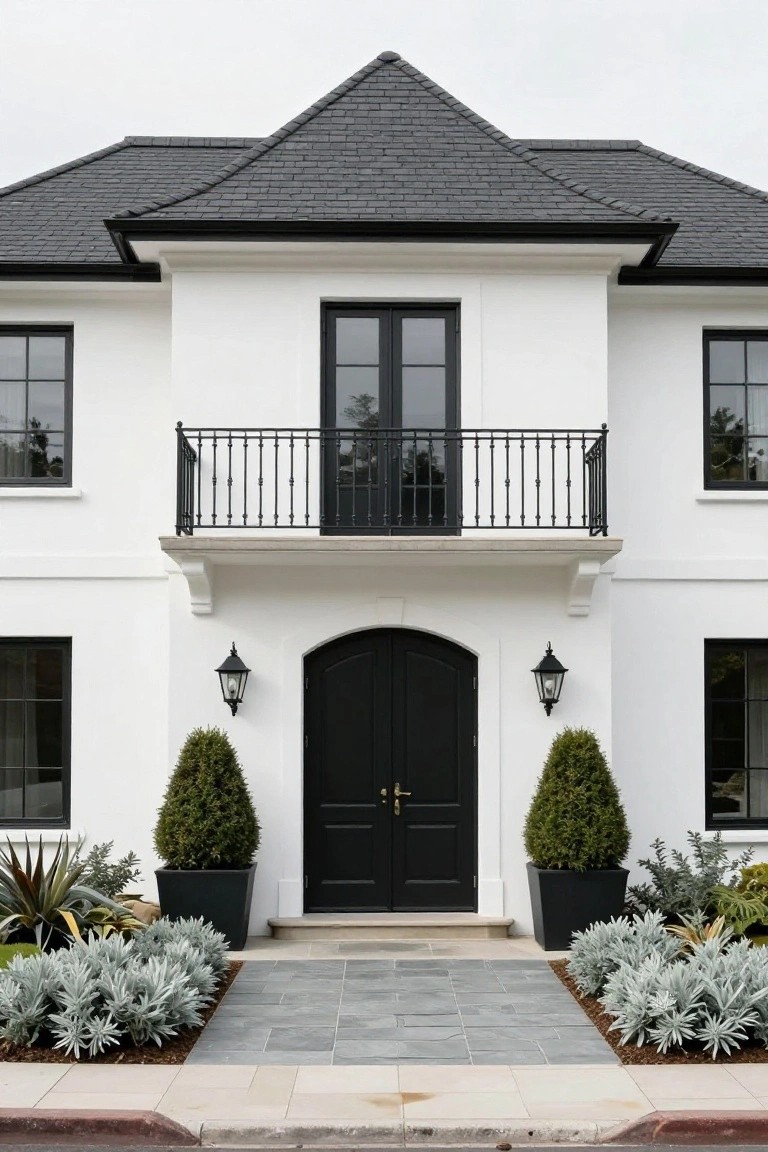 White stucco two-story house exterior featuring black slate mansard roof, black-framed windows, black wrought-iron balcony, arched black double front doors flanked by black lanterns and boxwood topiaries in black pots, silver-leaf plants bordering a gray stone entry path.