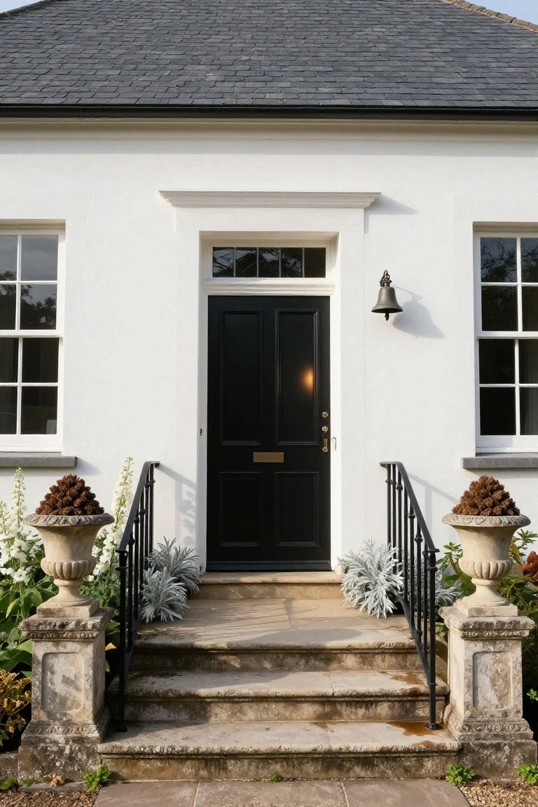 White rendered house exterior with black double front door, sash windows, slate roof, lantern light, stone steps with iron railings, and urns holding pinecones on pedestals.