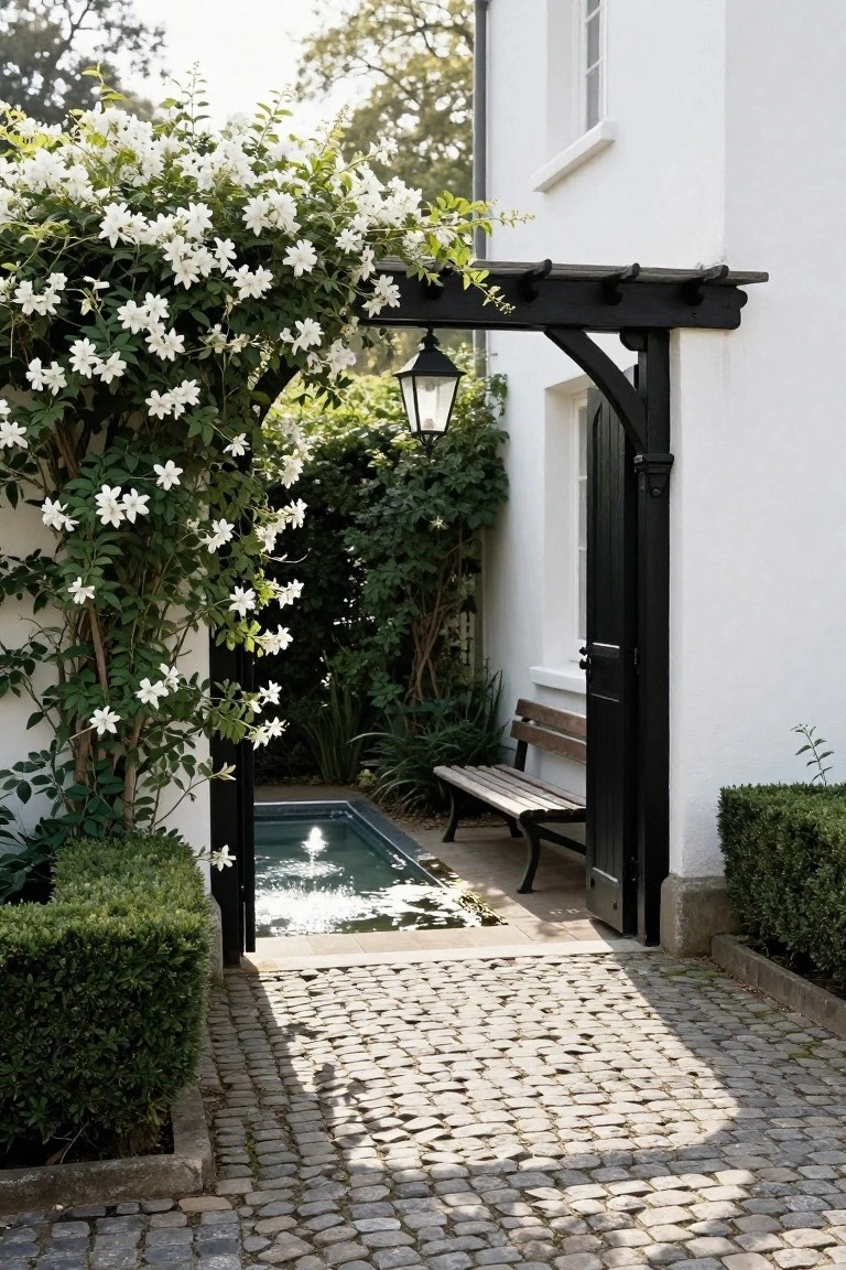 Black wooden pergola archway covered in white star-shaped flowering vines beside a white stucco house wall and black door, with a small rectangular pool, wooden bench, boxwood shrubs, and cobblestone path.