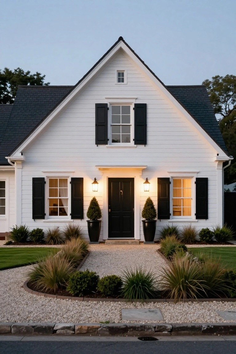 White clapboard house with black shutters on windows, black front door flanked by lanterns and potted topiaries, dark gabled roof, gravel pathway edged with grasses and shrubs.
