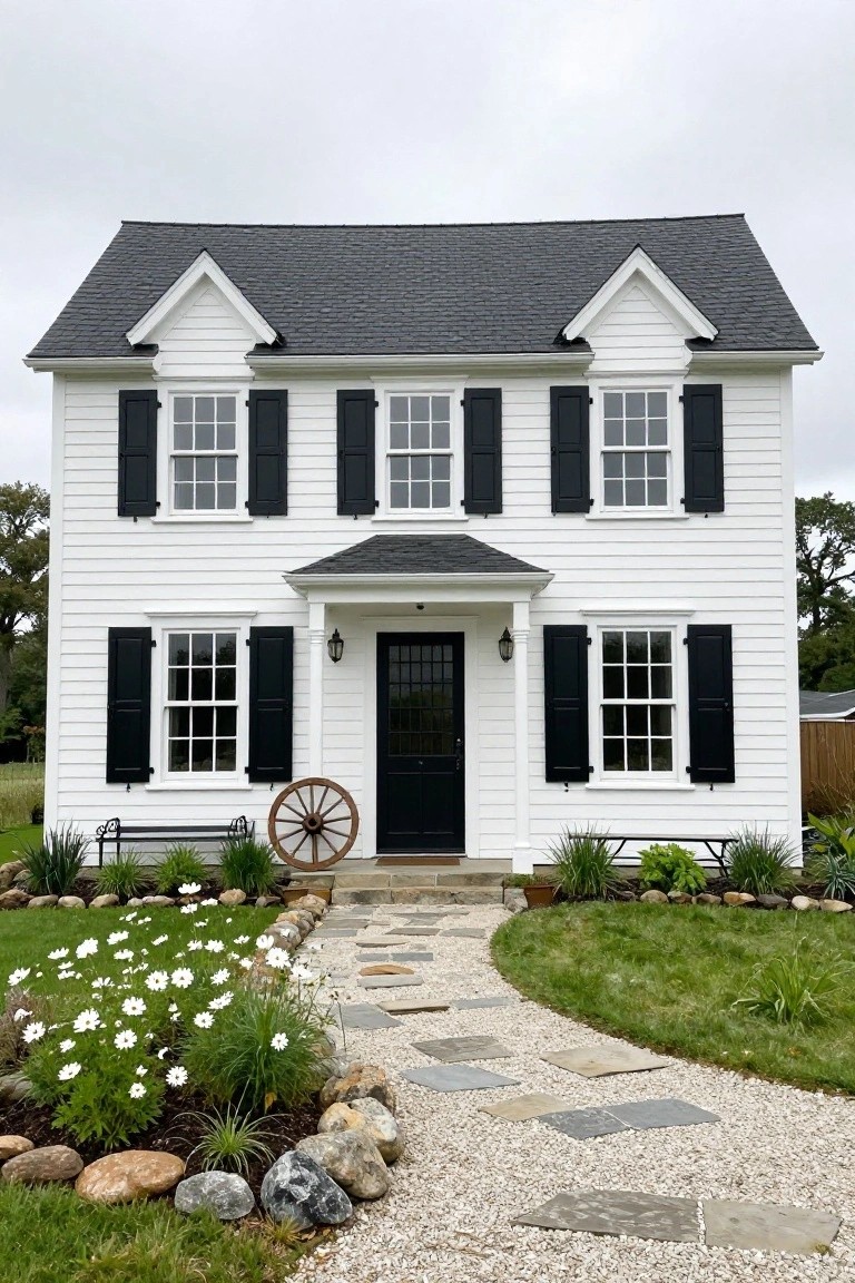 White two-story clapboard house with black shutters on multi-pane windows, black front door under a small porch, dark gray gabled roof, wagon wheel decoration, and curved stone path through gravel and plantings in the front yard.