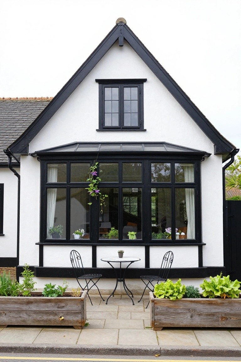 White house with black timber framing around windows and roofline, featuring a large black-framed bay window with interior plants visible, flanked by wooden planters with herbs and greens, and a small black metal bistro set on a paved path in front.