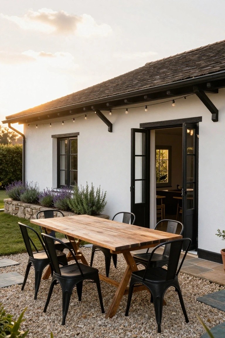 White stucco house exterior with black-trimmed windows and open French doors next to a wooden dining table surrounded by black metal chairs on a gravel patio, lavender plants in a stone bed, and string lights overhead at sunset.