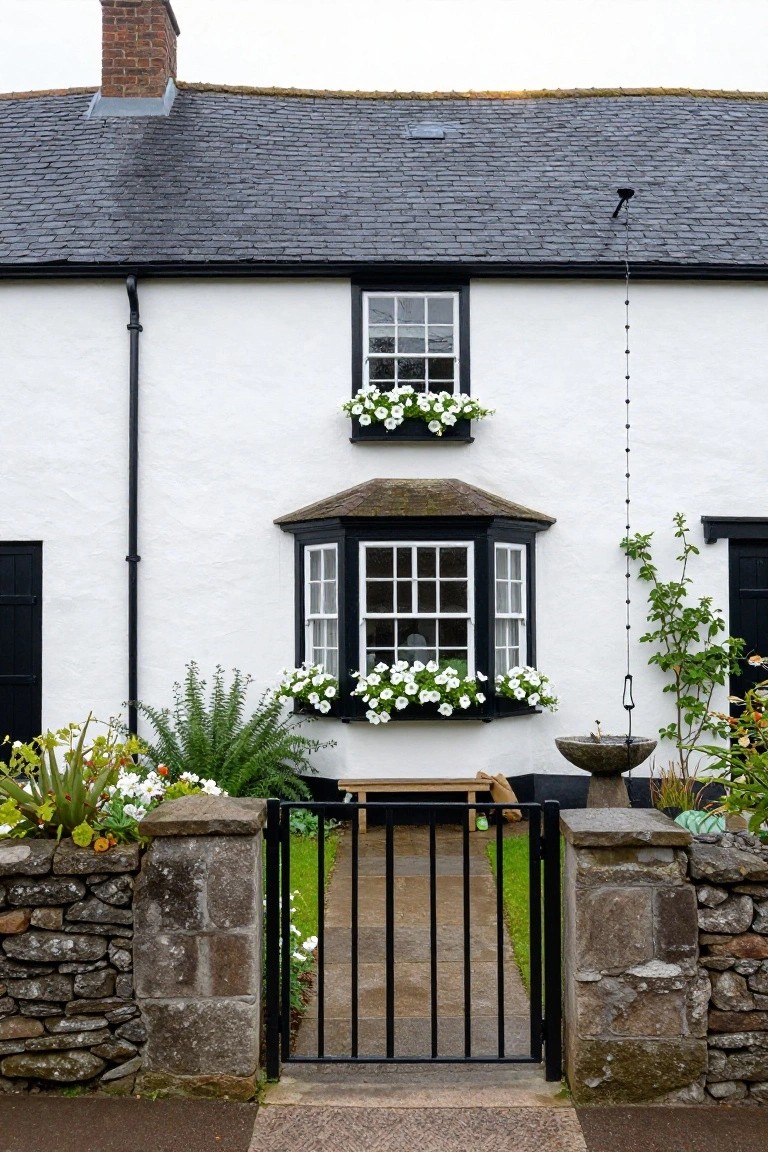 White stucco house with black window frames, bay window, flower boxes, slate roof, downspout, iron gate in stone walls, and front garden plantings.