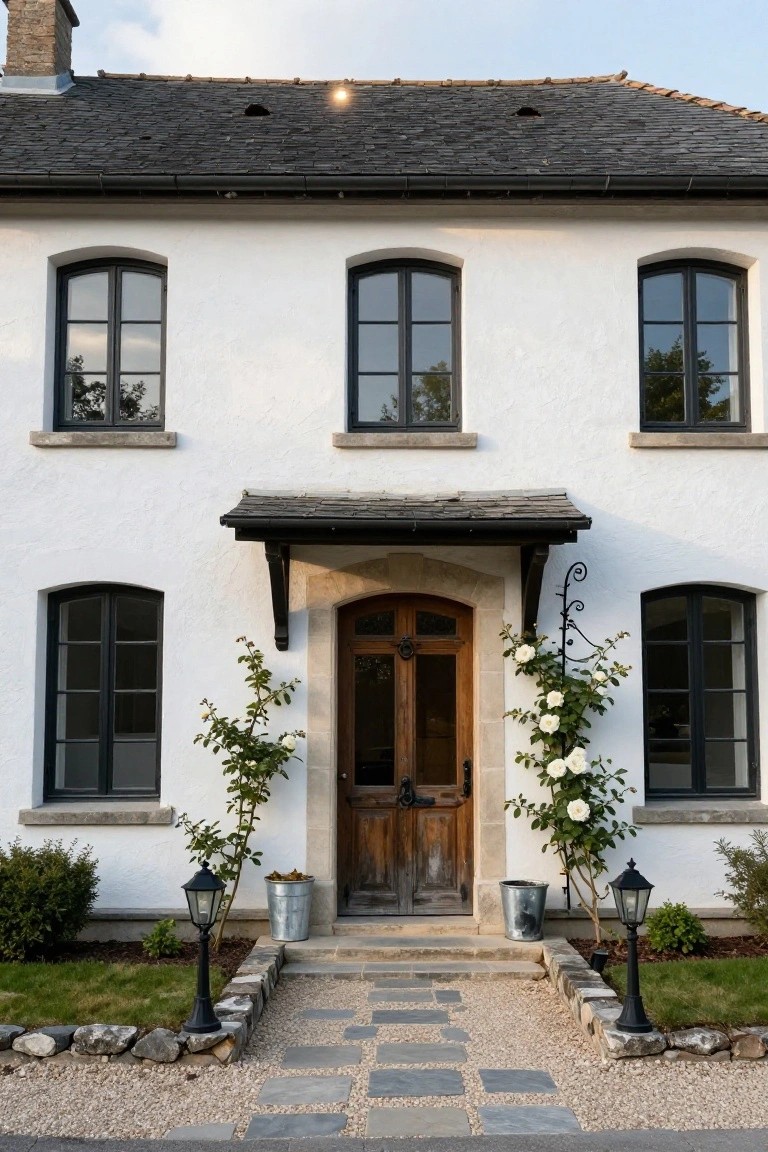 Front view of a two-story white stucco house with black metal window frames, dark slate roof, arched wooden entry door, climbing white roses on either side, metal lanterns, galvanized buckets, and a stone pathway.