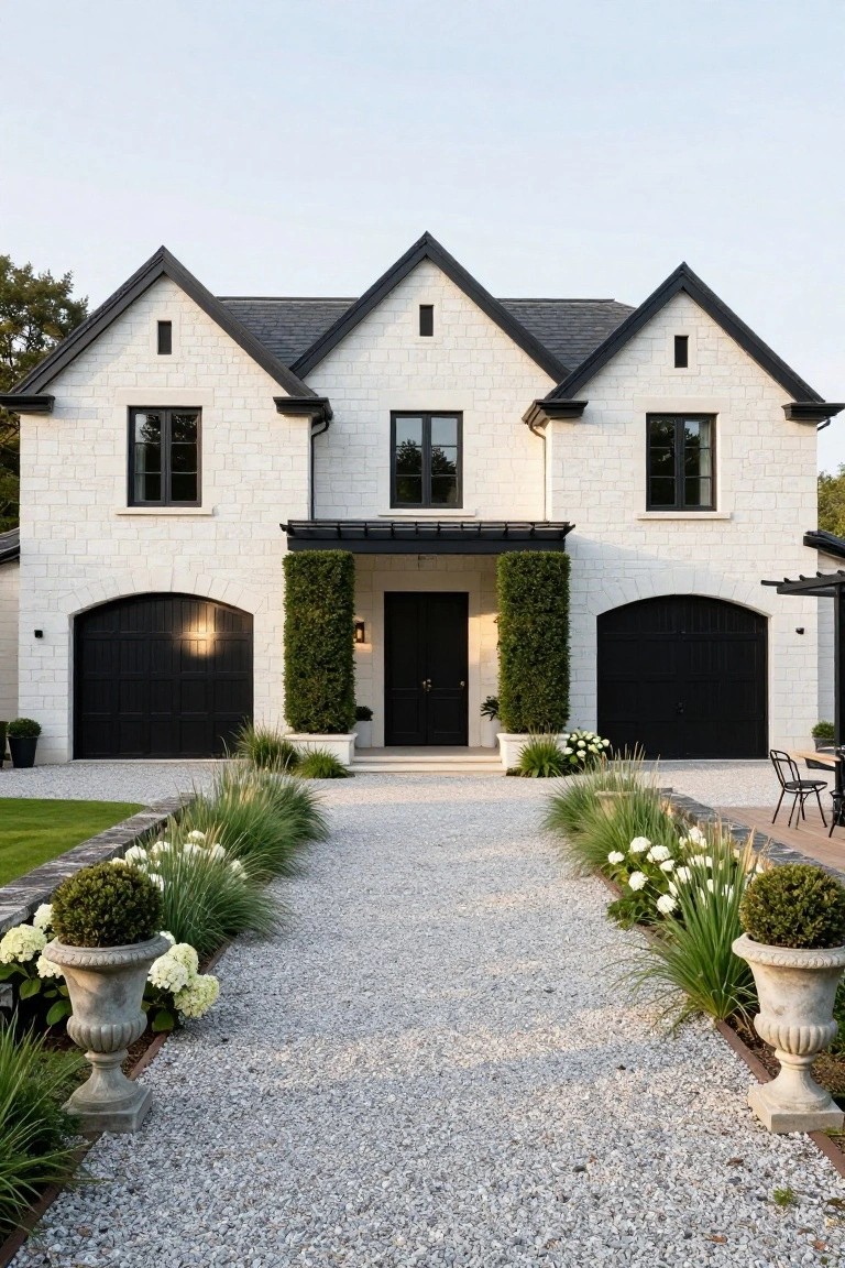 Front exterior of a white brick house with three black gabled roofs, black double garage doors on each side, central black entry door flanked by tall boxwood topiaries, and a central gravel pathway lined with ornamental grasses and white-flowering plants in stone urns.