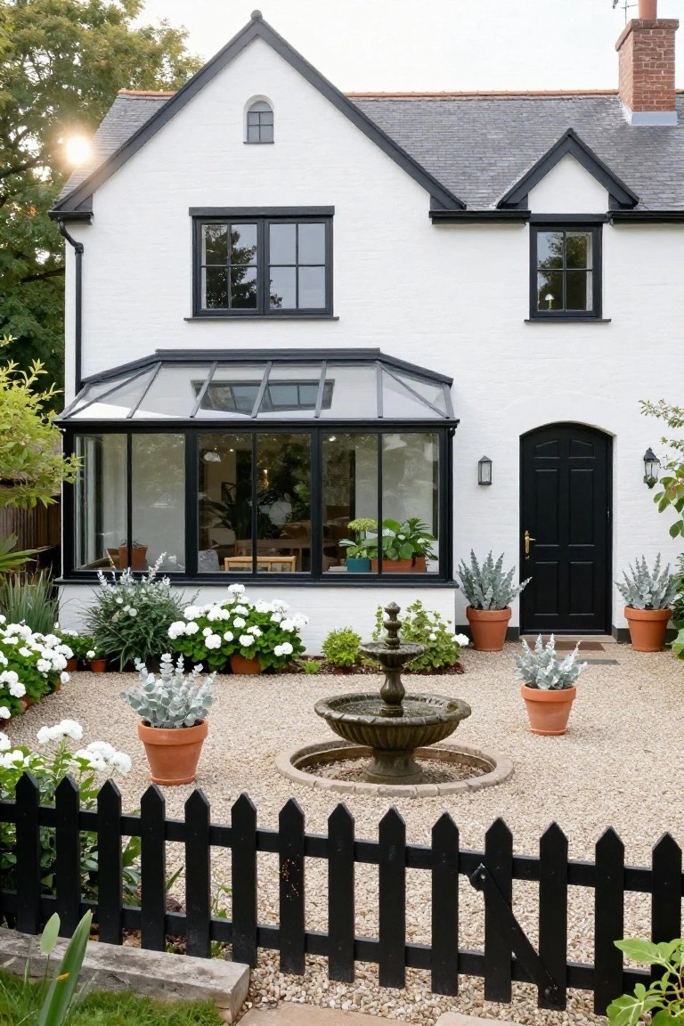 White house exterior with black window and door frames, a curved glass conservatory extension, black front door flanked by potted plants, central gravel garden with stone fountain and white flowers, edged by black picket fence.