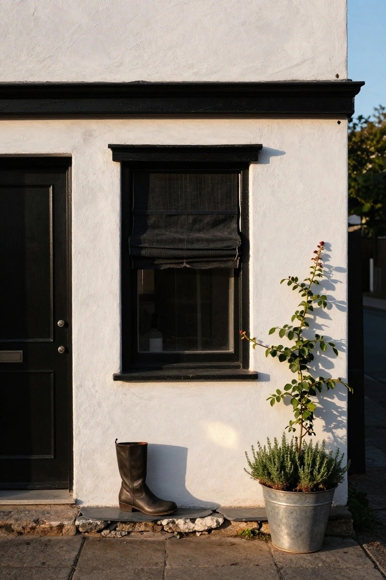 White stucco house exterior corner with black front door, black-framed window covered by dark blind, tall brown leather boot on the ground, climbing rose vine on the wall, and galvanized bucket planter holding rosemary plant.