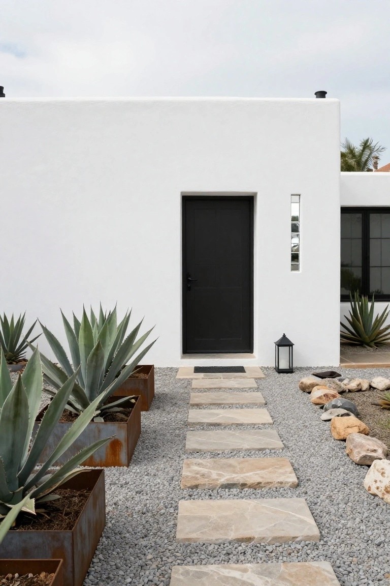 White stucco house wall with black front door, agave plants in rusted rectangular metal planters on left, irregular beige stone steps over gray gravel leading to entry, lantern beside door, rocks on right.