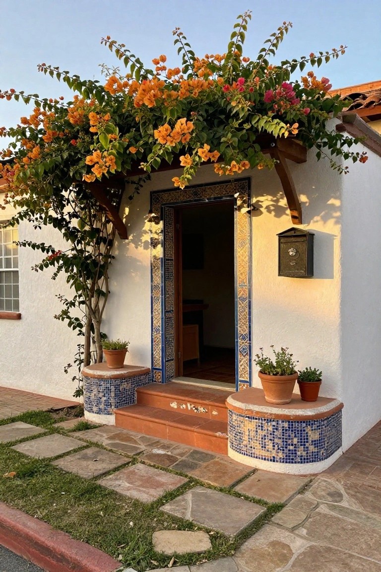 White stucco Spanish-style house front with wooden pergola draped in orange bougainvillea over a blue-and-gold tiled arched doorway, open wooden door, terracotta pots on tiled pedestals flanking red tiled steps, stone pathway in front yard.