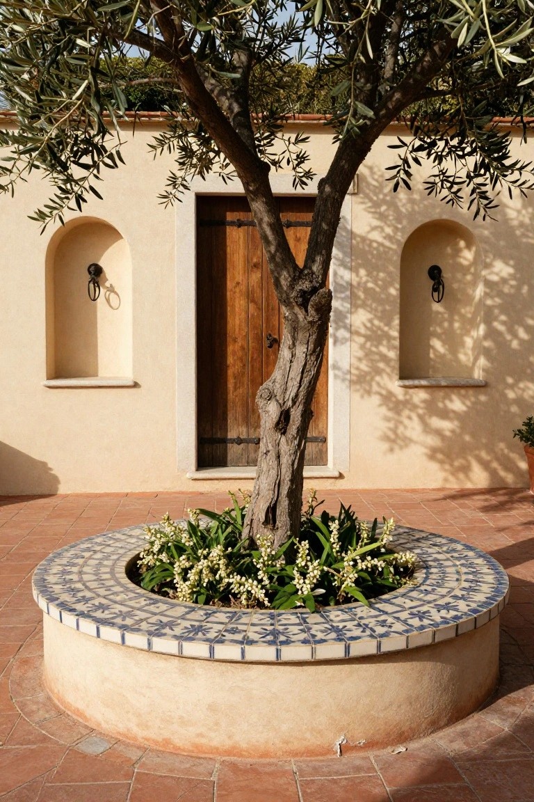 A mature olive tree planted in the center of a circular blue-and-white tiled bench planter on terracotta tiles in front of a beige stucco wall with arched niches, wall sconces, and a wooden entry door.