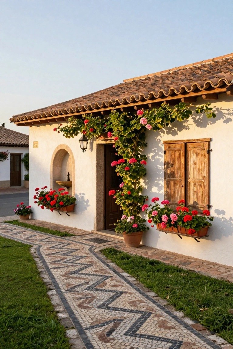 White stucco house with terracotta tile roof, pink climbing vines draping beside the wooden front door and over an arched niche, geraniums in window boxes and pots, and a zig-zag mosaic pebble pathway through green grass.