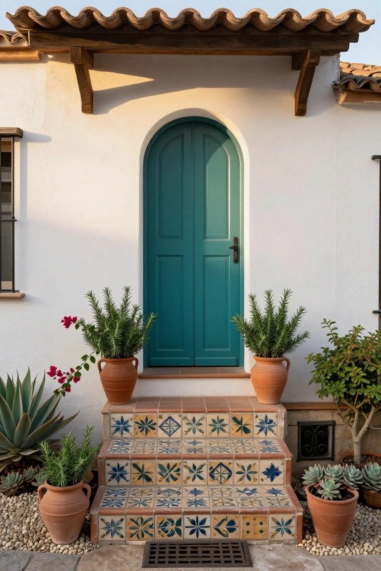 White stucco house front with turquoise arched wooden door, colorful blue and yellow patterned tile steps, terracotta pots with succulents and herbs, gravel ground, and potted plants flanking the entry.