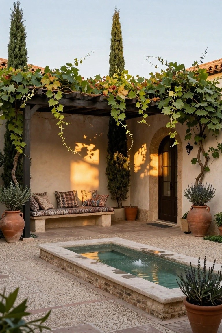 Spanish-style outdoor courtyard featuring a vine-covered wooden pergola shading a cushioned bench, flanked by cypress trees and potted plants, with a narrow rectangular stone pool containing a fountain in the foreground.