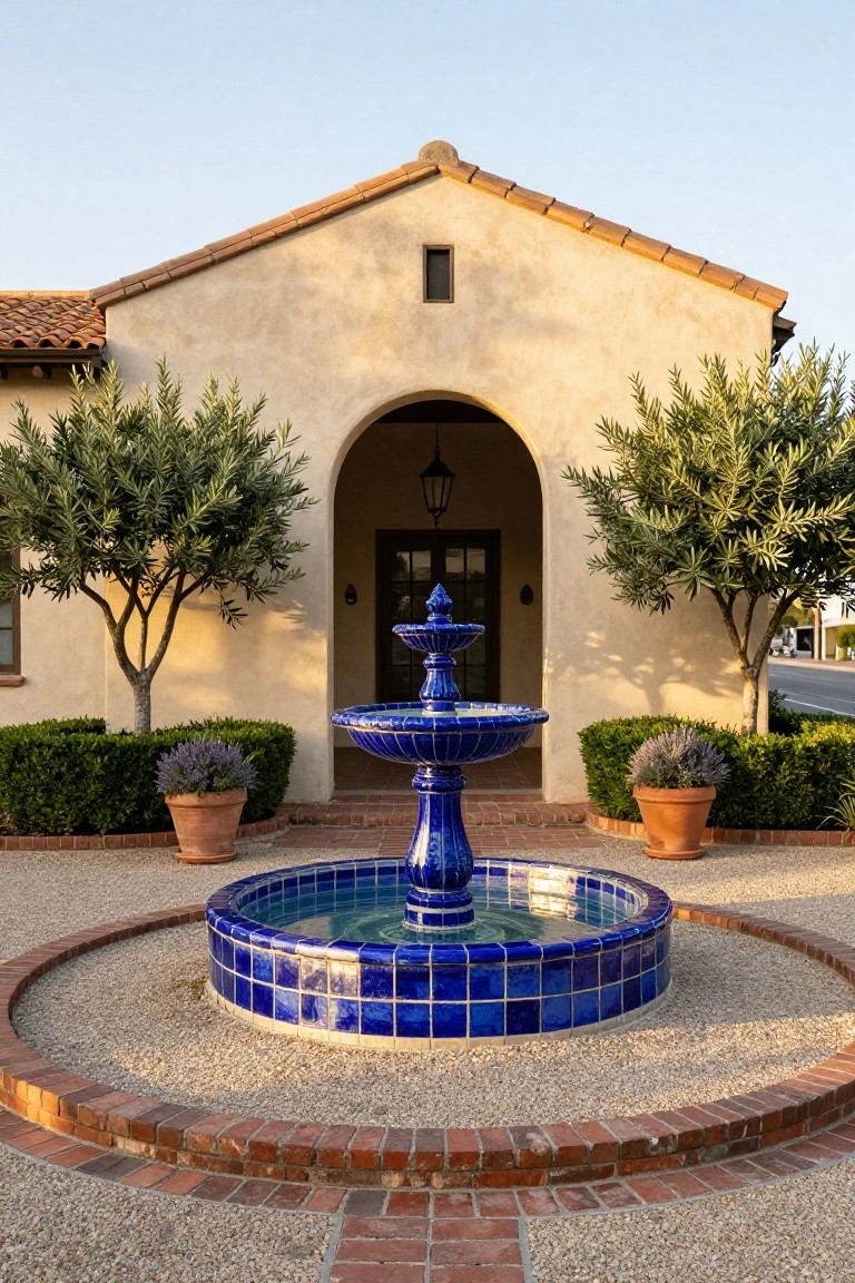 Spanish-style stucco house with red tile roof and arched entryway, centered on a blue tiled tiered fountain in a gravel courtyard with olive trees, lavender pots, and low hedges on either side.