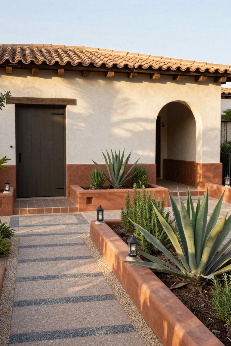 White stucco Spanish-style house exterior with clay tile roof, dark wooden entry door, arched side opening, terracotta raised planters filled with agave and succulent plants along a pebbled pathway, and metal lantern lights.