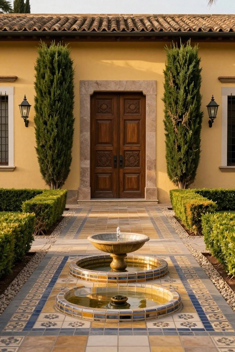Yellow Spanish-style house facade with stone-arched wooden double doors as entry, flanked by tall cypress trees and wall lanterns, boxwood hedges bordering a central tile and pebble pathway featuring two circular stone fountains with water.