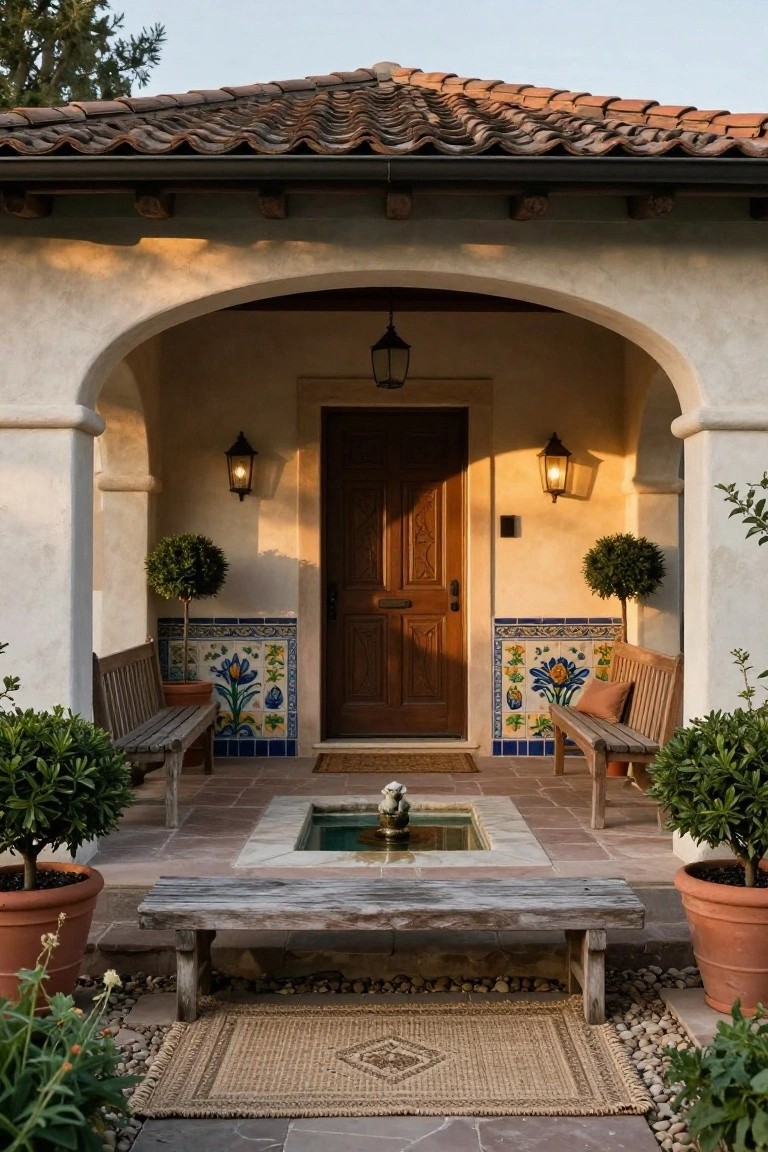 Spanish-style home entry featuring an arched stucco doorway with a wooden door, colorful floral tile panels on walls beside wooden benches, wall lanterns, potted plants, a small fountain in the tiled courtyard floor, and gravel path.