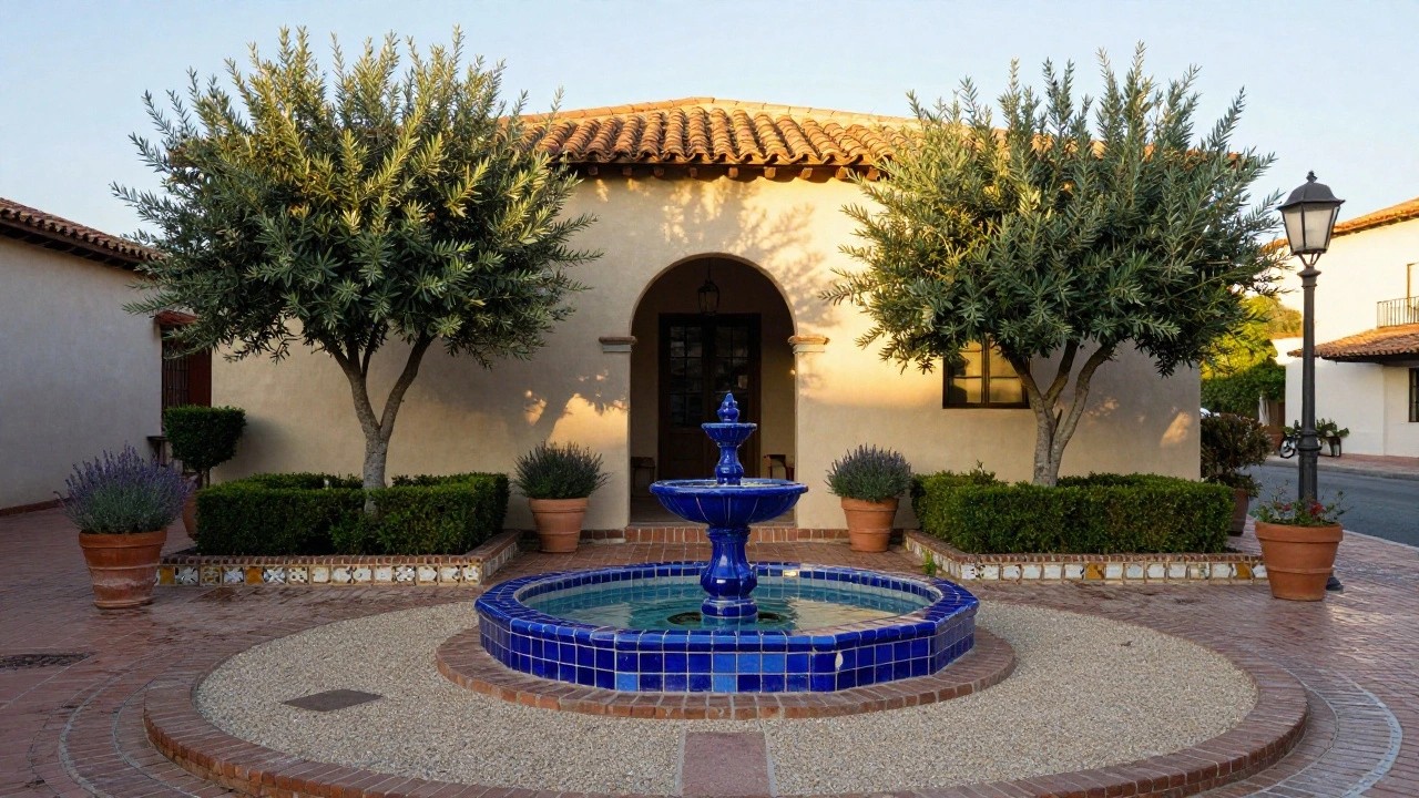 Spanish-style stucco house with red tile roof and arched entryway, centered on a blue tiled tiered fountain in a gravel courtyard with olive trees, lavender pots, and low hedges on either side.