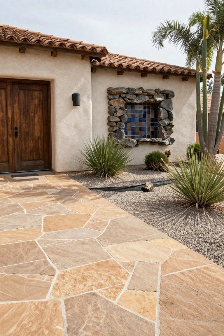 Beige stucco Spanish-style house corner with wooden double doors, stone-framed window featuring blue tiles, flagstone walkway, gravel ground cover edged with agave plants, and palm trees nearby.