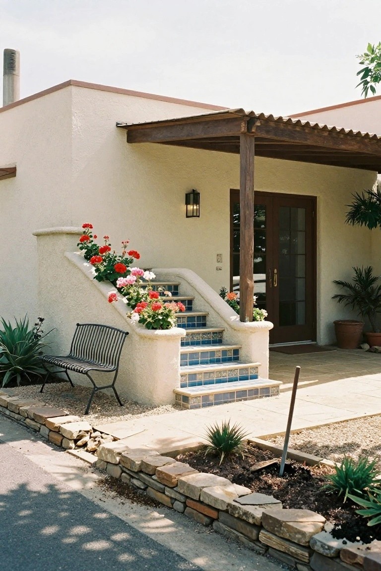 White stucco house with curved blue-tiled entry steps lined with potted red and pink geraniums, wooden porch covering the brown door, black metal bench beside agave plants, and stone wall along gravel yard edge.