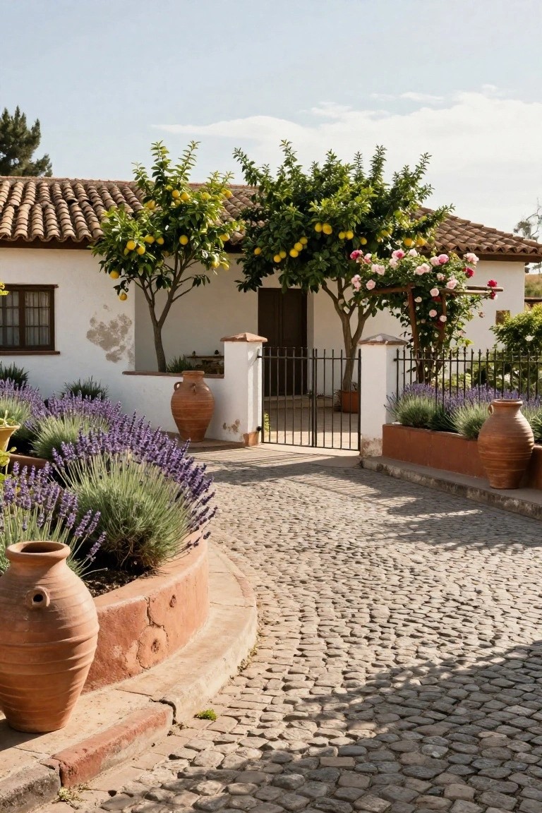 Curved cobblestone pathway leading to a black iron gate at the entrance of a white stucco house with terracotta roof, bordered by lavender plants, terracotta pots, lemon trees, and rose arches.