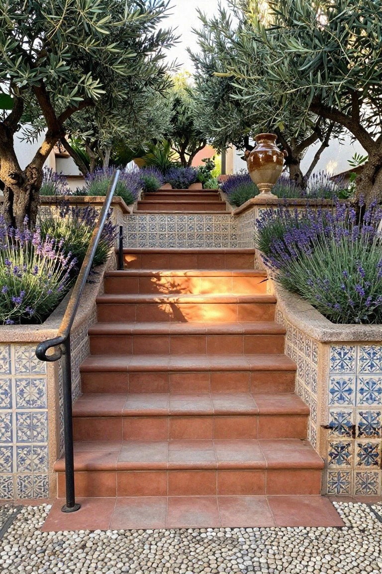 Terraced terracotta stone steps with blue tiled risers, flanked by lavender plants in raised beds, olive trees overhead, a large terracotta urn, and black wrought iron railing on a pebbled ground.
