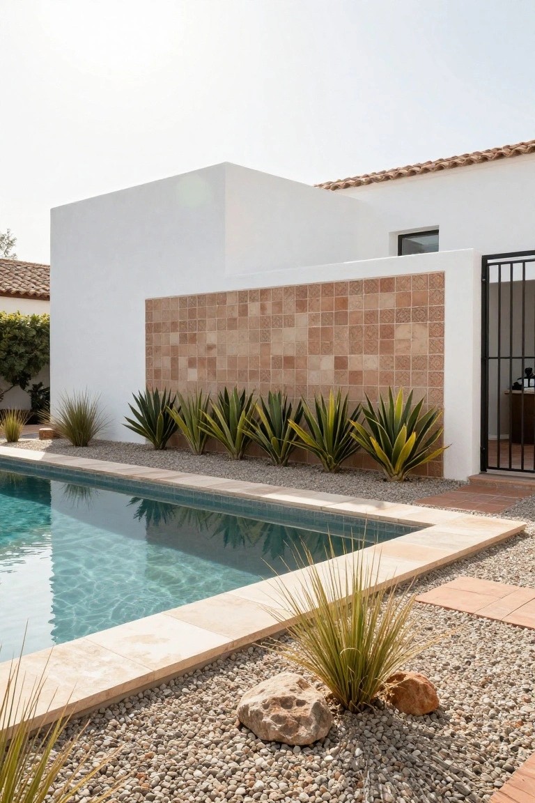 Turquoise swimming pool with beige stone coping, adjacent gravel beds planted with agave succulents and ornamental grasses, backed by a white stucco wall featuring terracotta tiles and a black metal gate.