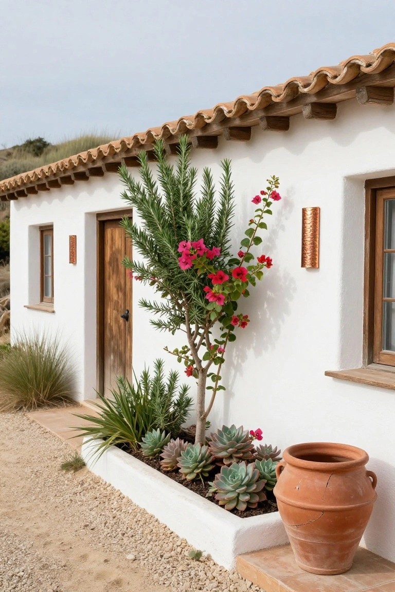 White stucco house with terracotta tile roof and wooden entry door, rosemary tree draped in pink bougainvillea flowers against the wall, raised white planter bed filled with succulents and agaves along a gravel path, large terracotta pot, and ornamental grasses nearby.