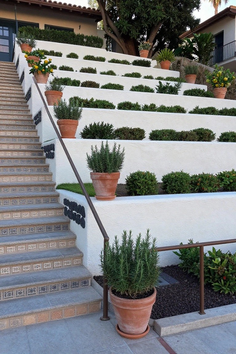 Wide concrete stairs with colorful tile risers ascending a slope flanked by white stucco terraced retaining walls planted with boxwood shrubs and terracotta pots of rosemary and citrus trees, beside a Spanish-style house.